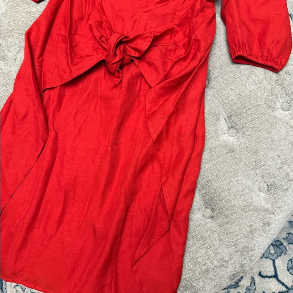 LPA The Label Dress 146 red tie front off shoulder puff sleeve linen viscose S - Picture 5 of 11